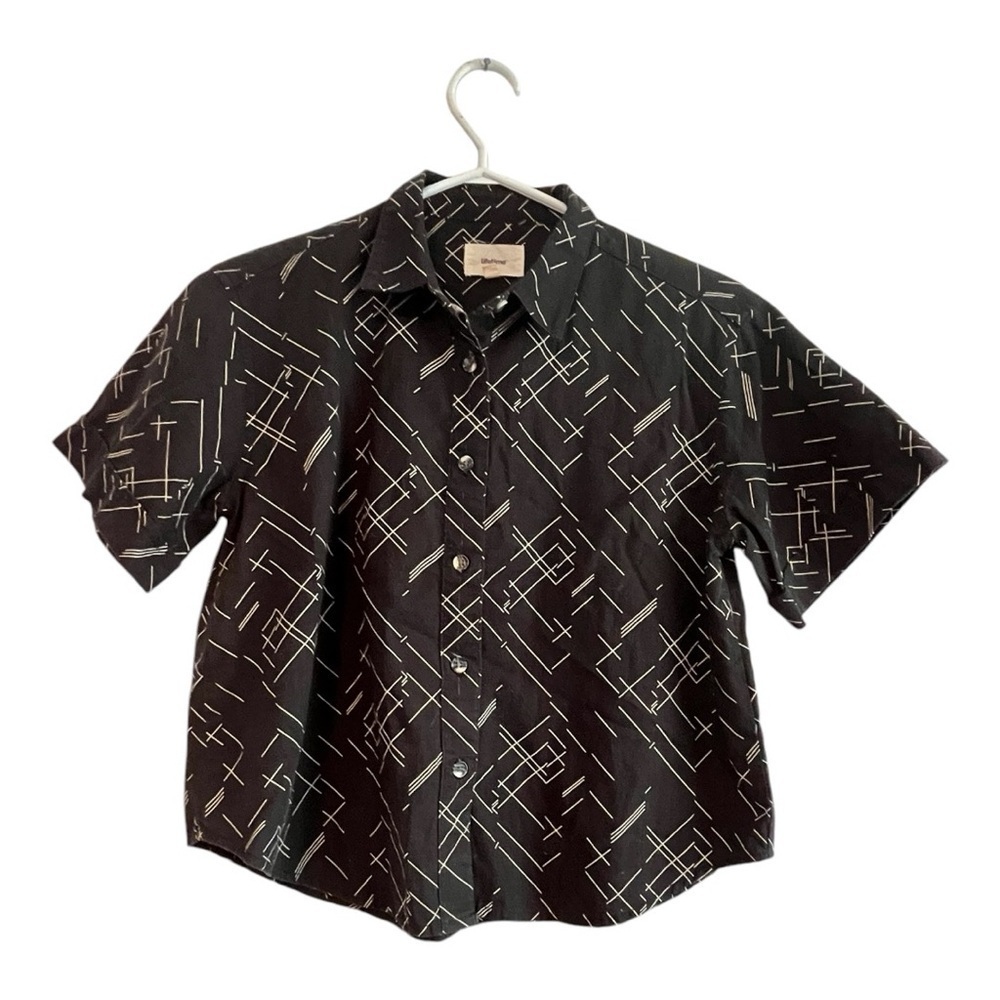 Ladies short sleeve cropped button up top blouse 100% cotton